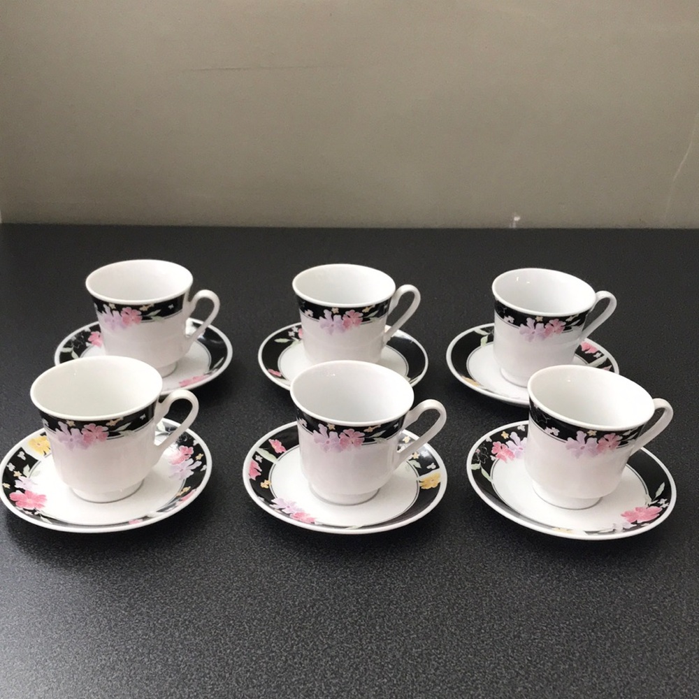 Demitasse Espresso cups & saucers, Set of 6 White & Black with Pink Flowers